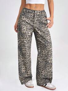 SHEIN PETITE 女士豹纹简约日常长裤 - 棕色 - 查看 6