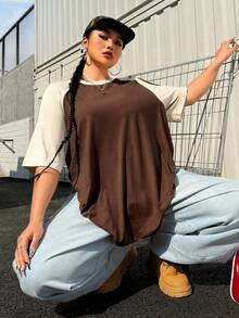 Muchica Plus Size Summer Basic Casual Raglan Sleeve Short Sleeve Loose T-Shirt - Brown - View 3