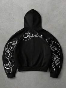 PAVTROS Áo hoodie có khóa kéo tay raglan phối họa tiết thêu, phong cách đường phố trẻ trung - màu đen - Xem 6