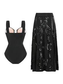 Swim Oasis 2pcs/Set Women One-Piece Swimsuit, Black Hollow-Out High-End Beach Vacation Ruched Bust Stylish Monokini With Long Skirt