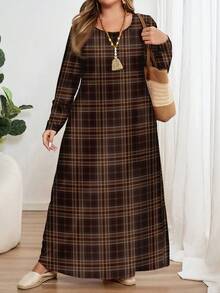 EMERY ROSE Plus Size Vintage Plaid Print Long Sleeve Round Neck Dress, Suitable For Autumn/Winter Spring Fall - Multicolor - View 3