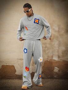 PAVTROS Men's Embroidered Crew Neck Long Sleeve T-Shirt And Drawstring Waist Pants Set Sweatpants Patched Men 2 Piece Set Patched Mens Two Piece Outfit Sweatpants Mens Street Wear Sets Y2k Tracksuit Men Streetwear Old Money - Grey - View 1