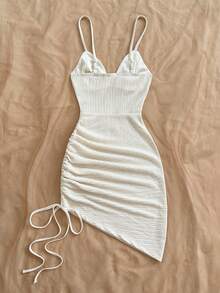 Soleia Vestido mini de mujer con escote en V de punto rojo, cintura fruncida con efecto de raspa de pescado y bajo asimétrico, para vacaciones - Albaricoque - Ver 2