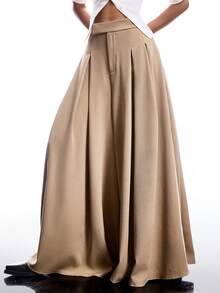 LYSMO 女士休闲卡其色褶皱阔腿西装裤 - 卡其色 - 查看 3