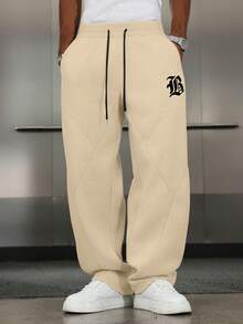 PAVTROS Men's Letter Print Drawstring Waist Casual Versatile Commuter Sweatpants - Khaki - View 5