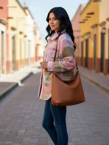 Mujer Chaqueta-Camisa Estilo Casual Acogedor con Patrón Estripado Corte Amplio Manga Larga Temporada Otoño-Invierno Uso Informal - Rosa - Ver 3