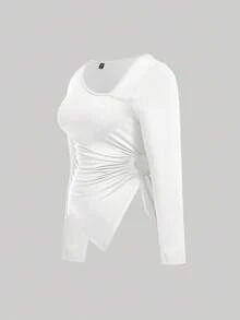 SHEIN MOD Áo thun dài tay cổ chéo, dáng rộng, vạt không đối xứng, dây rút, thoải mái, cỡ lớn. - trắng - Xem 5