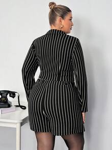 Truni 大码条纹印花双排扣长袖上衣和半裙两件套/秋冬 - 黑色 - 查看 2