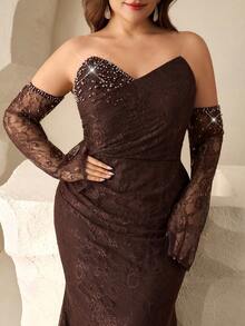 Coutiva Plus Size Luxury Evening Gown, Beaded High-End Formal Dress, Elegant Dignified Party Dress Valentines Dress Elegant Dress Sequin Dress Floral Dress Luxury Chocolate Brown Dress Brown Formal Dress Brown Dresses Classy Elegant Brown Wedding Guest Dress Brown Bridesmaid Dress Brown Elegant Dress Brown Lace Dress  Graduation Ceremony, School Opening, Music Festival, Birthday Party, Wedding, Afternoon Tea Gathering, Ball - Khaki - View 6