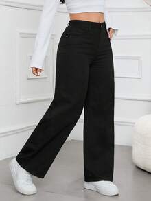 SHEIN EZwear Quần denim ống rộng cạp cao, dáng rộng, dễ mặc, đa năng cho nữ - màu đen - Xem 5