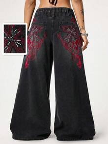 ROMWE Grunge Punk Jeans rectos de talla grande con lavado desgastado, cruce y enredadera de estilo punk, extra largos para mujeres de talla grande - Negro - Ver 1