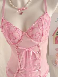 PetitDoll Valentine's Day Sexy Sweet Charming Girly Valentine's Day Heart Embroidery Mesh Patchwork Garter Bra + G-String + 2pcs Leg Rings 4pcs Women Lingerie Set