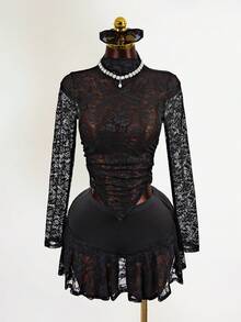 Mistrie Women's Summer Lace Slim Fit Irregular Hem Long Sleeved Round Neck See Through Sexy Black T-Shirt, Women's Summer Black Lace Skin Friendly Breathable Material, Side Seam Pleated Design, Irregular Hem Design. Women's Summer Top, Black Thin And Refreshing Lace Black Top, Women's Summer Matching,Beach For Women - Black - View 6