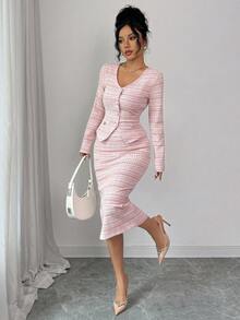 Elenzga Elegant Commuter Chic Elastic Tweed Silver Thread Texture Suit, Pearl Button Cardigan V-Neck T-Shirt Slim Fit + Elastic Waist A-Line Skirt, Women 2-Piece Set, Autumn/Winter - Multicolor - View 2