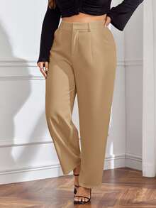 SHEIN Frenchy 秋冬季大码纯色西装裤 - 卡其色 - 查看 8