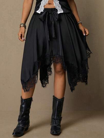Freevana Plus Size Vintage Bohemian Black Satin Irregular Tie Waist Lace Trim Hem A-Line Skirt, Retro Elegant Early Spring Versatile Slimming
