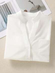 Camisa elegante informal de color liso con cuello en V y botones para mujer,Top de manga larga casual de moda - Blanco - Ver 7