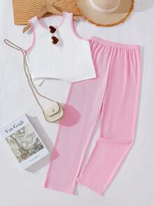 SHEIN Explorewe 2pcs/Set Tween Girls White Tank Top And Khaki Pants, Casual Style - Pink - View 1