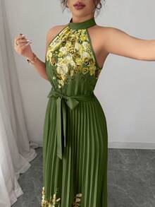 Elenzga Women's Summer Elegant Floral Loose-Fitting Halter Dress - Army Green - View 5