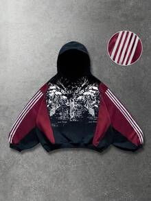 ROMWE MEN Street Life Men's Patchwork Contrast Color Hoodie, Loose Cropped Style - Black - View 1