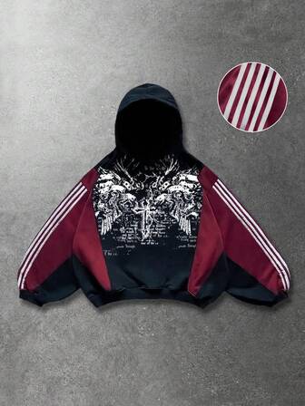 Street Life Men's Patchwork Contrast Color Hoodie, Loose Cropped Style