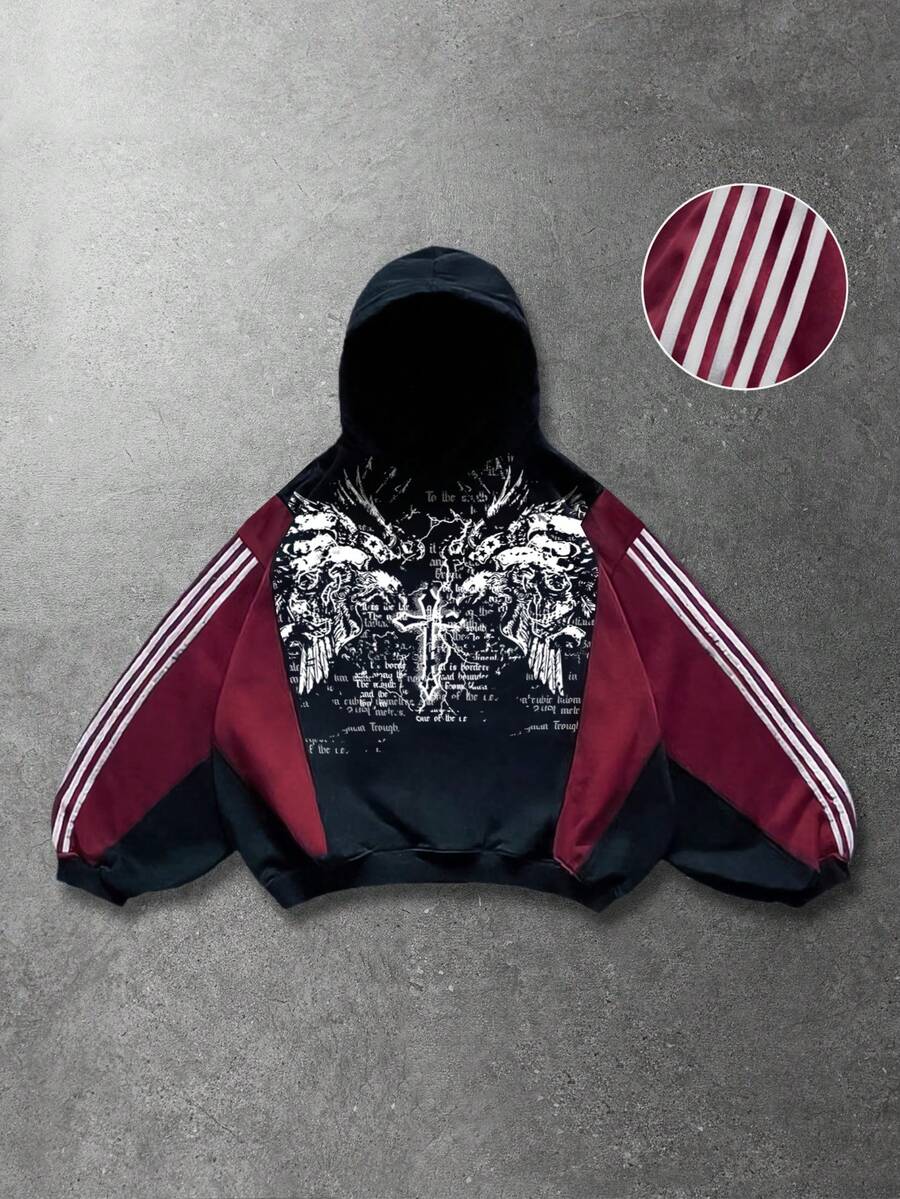 ROMWE MEN Street Life Men's Patchwork Contrast Color Hoodie, Loose Cropped Style - Black - View 1