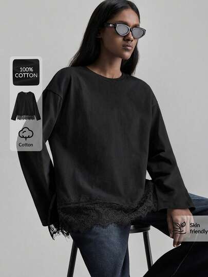 Ontre Women's Lace Hem Splice Long Sleeve Blouse, Urban Commute Business Casual Basic Top, Elegant Summer Shirt, Suitable For Outings, Valentine's Day, Black Baggy Shirts For Women