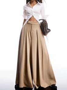 LYSMO 女士休闲卡其色褶皱阔腿西装裤 - 卡其色 - 查看 7