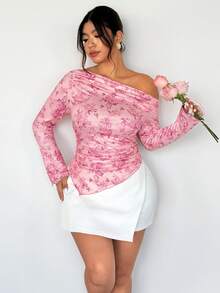 Firerie 大码女式优雅浪漫扎染印花长袖不对称下摆T恤 - 粉色 - 查看 7