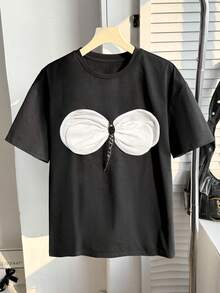 SHEIN 少女蜻蜓图案黑色圆领短袖休闲百搭T恤 - 黑色 - 查看 3