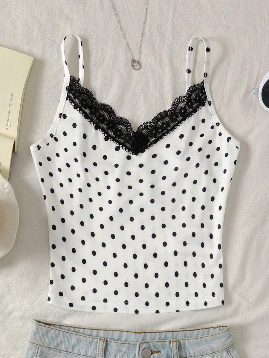 SHEIN Tween Girls' Summer Casual Polka Dot Print Contrast Lace Camisole