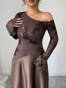 Modelyn Plus Size Women's Sexy Brown Asymmetric-Shoulder Mesh Embroidered Long Sleeve High Waist Slim Dress - Brown - View 5
