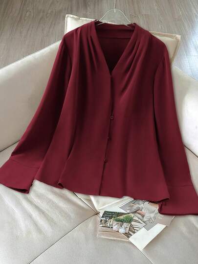 Modelyn New V-Neck Long Sleeve Elegant Office Shirt, Korean Style