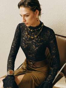 Revavyn 女士天鹅绒蕾丝面料，网纱袖口，双层喇叭袖口，修身剪裁，优雅日常风格，黑色长袖打底衫。适合秋季穿着。蕾丝长袖上衣，黑色蕾丝上衣，新年必备。 - 黑色 - 查看 6