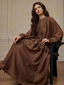 Revavyn Autumn/Winter New Women's Lantern Sleeve Solid Coffee Color Shiny Chiffon Loose Round Neck Versatile Layered Ruffle Hem Long Sleeve Flowing Dress - Brown - View 4