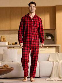 Velminro Men's Contrast Plaid Long Sleeve Pajama Set Shirt And Pants Set Men Men Pajama Set - Red - View 5