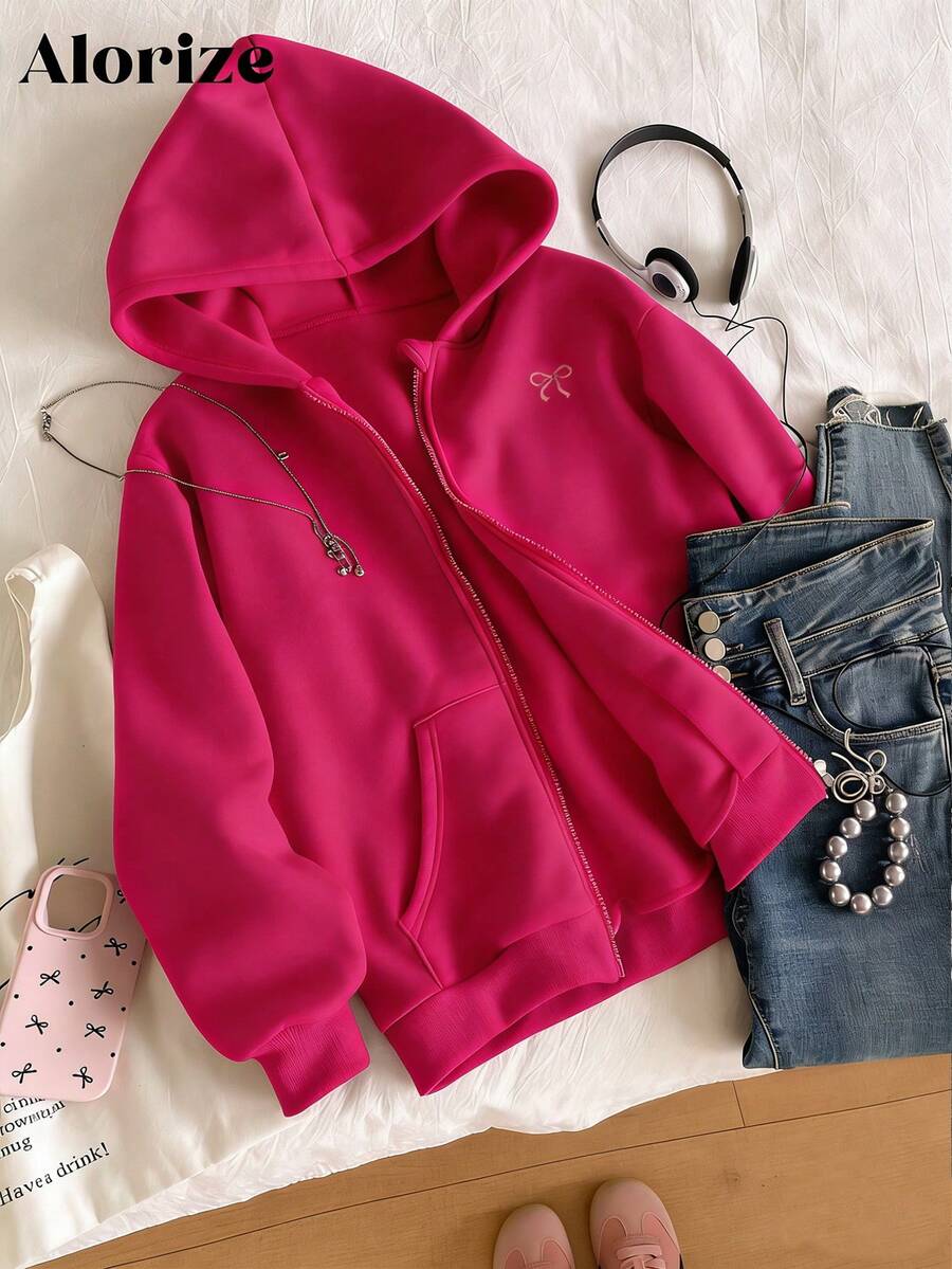 Áo nỉ có mũ kéo khóa dáng casual dành cho nữ tuổi teen, thêu nơ hồng phía trước, hai túi bên hông, thích hợp cho đi học, đi làm, đi dạo, phối cùng quần nỉ, áo nỉ dài tay có khóa kéo dành cho nữ tuổi teen. - Màu Hồng Tươi - Xem 1