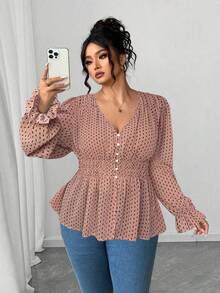 Elenzga 大码女式蓝白碎花腰部荷叶边雪纺衬衫，优雅的花卉饰边设计，适合返校、毕业典礼、情人节、音乐节、母亲节、万圣节、感恩节、复活节、国庆节、舞会、约会、派对、婚礼、户外活动等场合。 - 粉色 - 查看 5