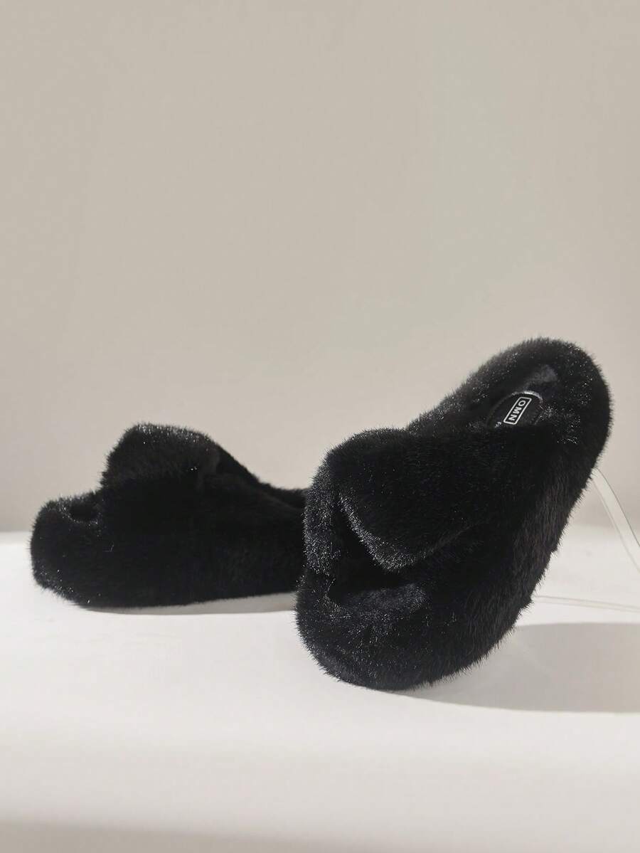Solecia Women's Fashionable Fluffy Platform Home Slippers - Black - View 1