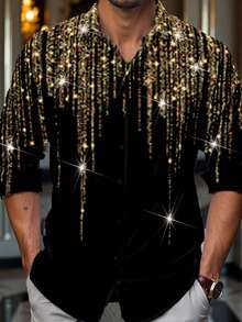 Manfinity BRENVOR 男士长袖休闲派对领印花黑色衬衫 - 黑色 - 查看 3