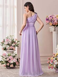 Pitira Teen Girl Purple Pearl Chiffon One-Shoulder Elegant Long Dress Purple Dress Elegant 15yr Old Lavender Dress Teen Light Purple Dress Bridesmaid Dress For Girls In Lavander - Purple - View 2