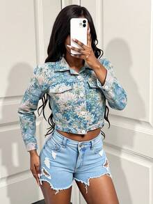 BamGleam Áo khoác ngắn Blue Daisy Jacquard, ve áo đơn hàng khuy, phong cách công sở thường ngày, áo thun nữ dáng ôm họa tiết hoa nhỏ xinh xắn khi đi làm - Màu xanh lam - Xem 5