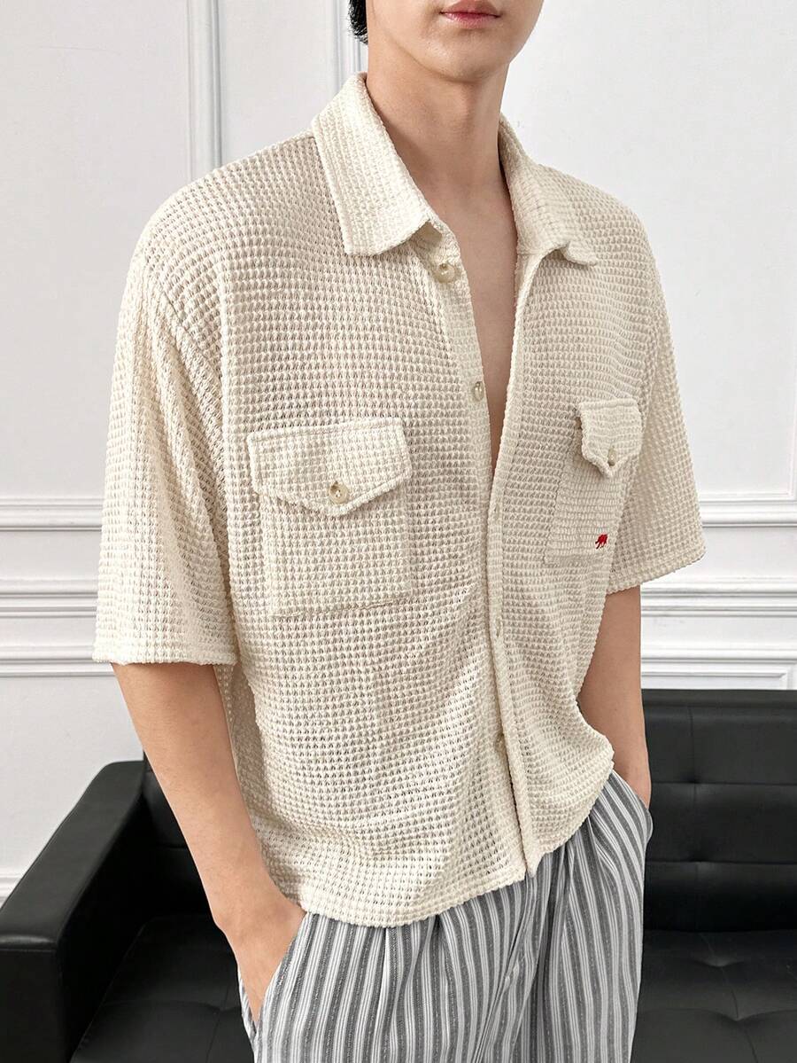 Manfinity BRENVOR Men's Solid Color Drop Shoulder Short Sleeve Front Button Hollow Out Jacquard Knit Shirt - Beige - View 1