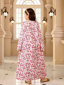 Vestido de Manga Longa com Gola Redonda, Renda Dourada e Estampa Floral Delicada para Meninas, Design Multicolorido para Visual Vibrante, Adequado para Uso Diário, Festas e Apresentações - Multicolorido - Visão 2