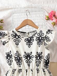 SHEIN Explorewe Đầm dài tay ngắn, thắt eo, họa tiết hoa retro dành cho bé gái tuổi teen - màu đen - Xem 6