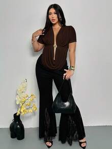 Firerie Plus Size Elegant Sexy Draped Neck Sleeveless Blouse With Metal Buckle Decor And Side Slit, Comfortable & Casual For Spring/Summer Sexy - Coffee Brown - View 6