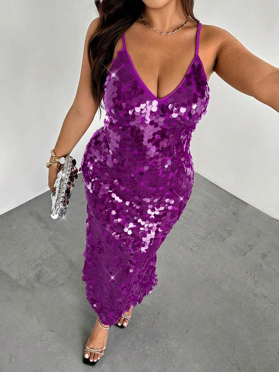 Firerie 大码亮片刺绣女士舞会礼服，吊带深V领长款连衣裙，优雅露背鱼尾晚礼服，超长正式舞会礼服，婚礼宾客礼服，优雅百搭，适合通勤、约会、派对、婚礼季、毕业典礼、舞会、演出、音乐会、工作场合、返校季、年会、女士生日礼服 - 紫色 - 查看 1