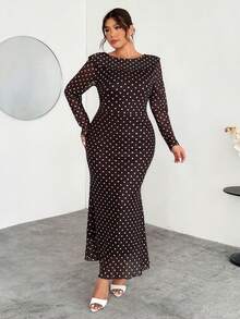 Firerie Vestido largo con espalda descubierta y dobladillo de cola de pez con lunares de café para mujer de talla grande, vestido de lunares blancos sobre base de café, vestido de malla elástica con forro, elegante para uso diario, viajes, fiestas, adecuado para primavera, otoño, invierno, elegante, viajes, citas, fiestas, bodas, graduaciones, actuaciones, conciertos, trabajo, reuniones anuales, vestido de cumpleaños para mujer - Café integral - Ver 7