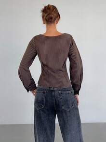 Siren Gaze 女士条纹船领长袖休闲收腰衬衫，收腰设计，条纹衬衫，精致衬衫，棕色细条纹打造纤细优雅的造型，通勤百搭上衣，棕色上衣，春季款 - 棕色 - 查看 2