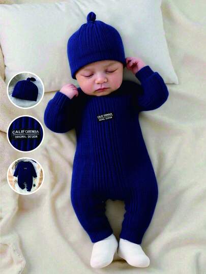 SHEIN Newborn Ribbed Knit Casual Long Sleeve Romper With Round Neck And Shoulder Opening, Comes With Adorable Hat, Autumn/Winter